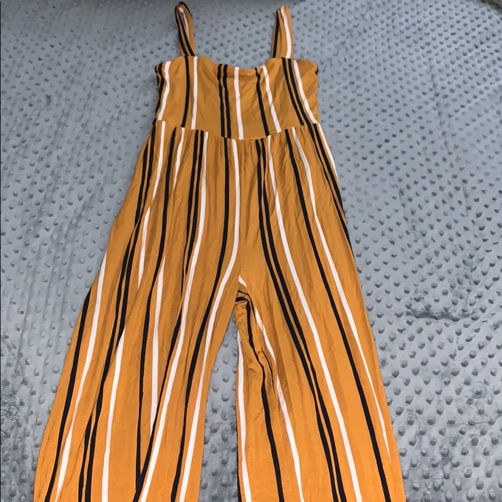 Forever 21 Yellow, Black & White Striped Jumpsuit
